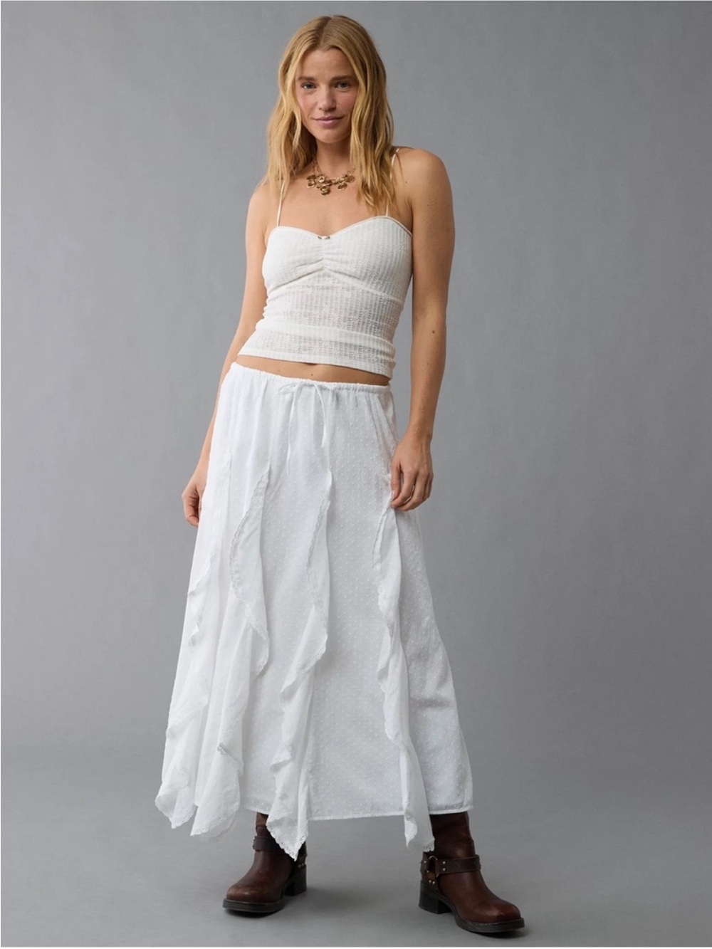 American Eagle Maxi Skirt Cascade Ruffle Textured Crochet Trim White Size XL NWT